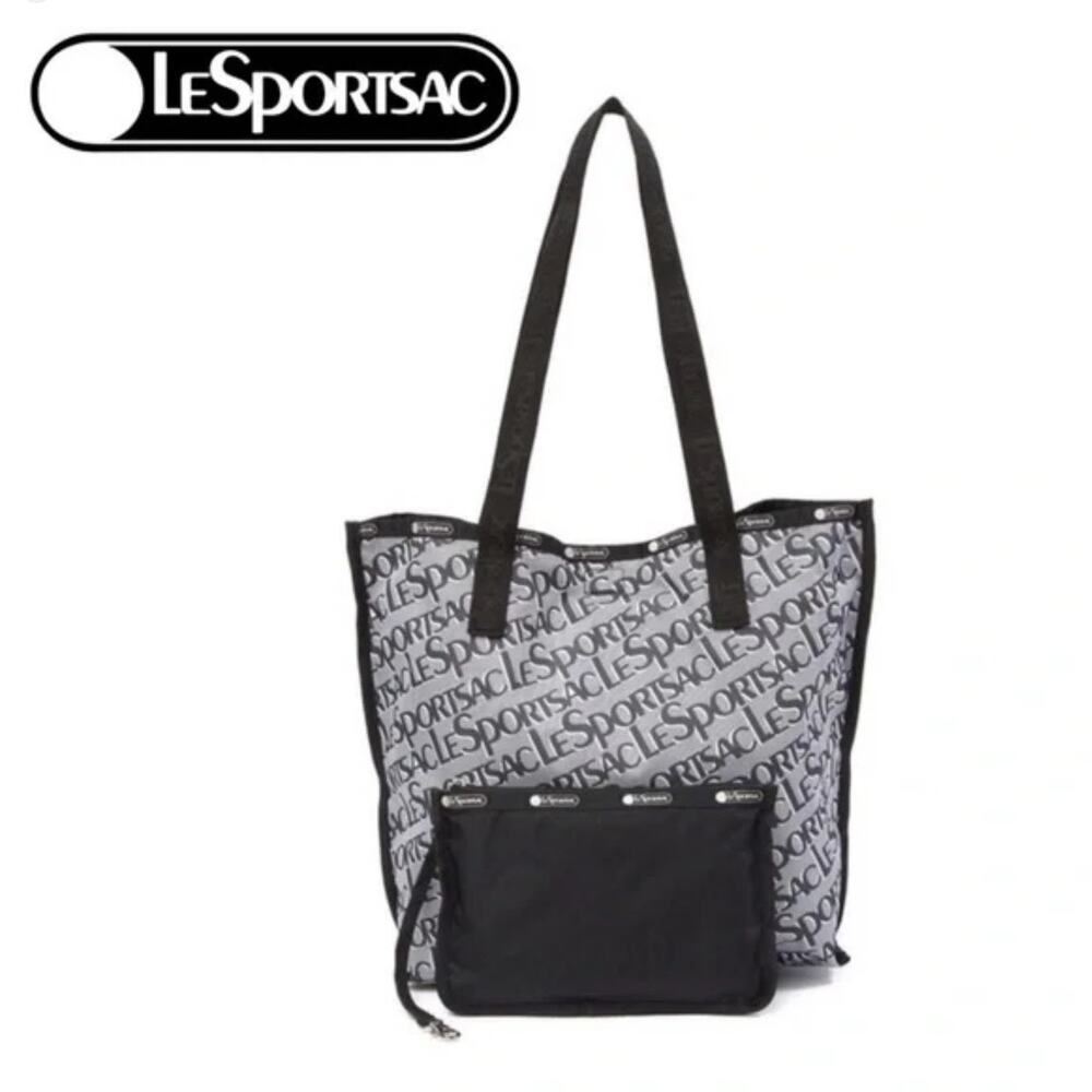 LeSportSac Madison Vintage Style Print Gray Black Tote Bag and Small Zip Pouch